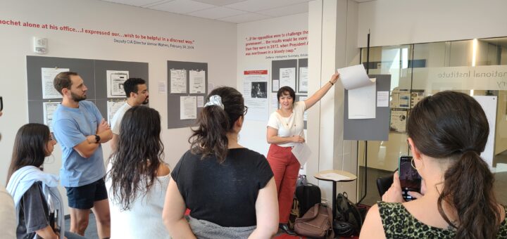 Eimeel Castillo's (MSP18) tour of “Secrets of State: The Declassified History of the Chilean Dictatorship” exhibit on September 20, 2023, in Weiser Hall's II Gallery. Eimeel , a PhD Candidate in History and Women's and Gender Studies, co-designed the exhibit.