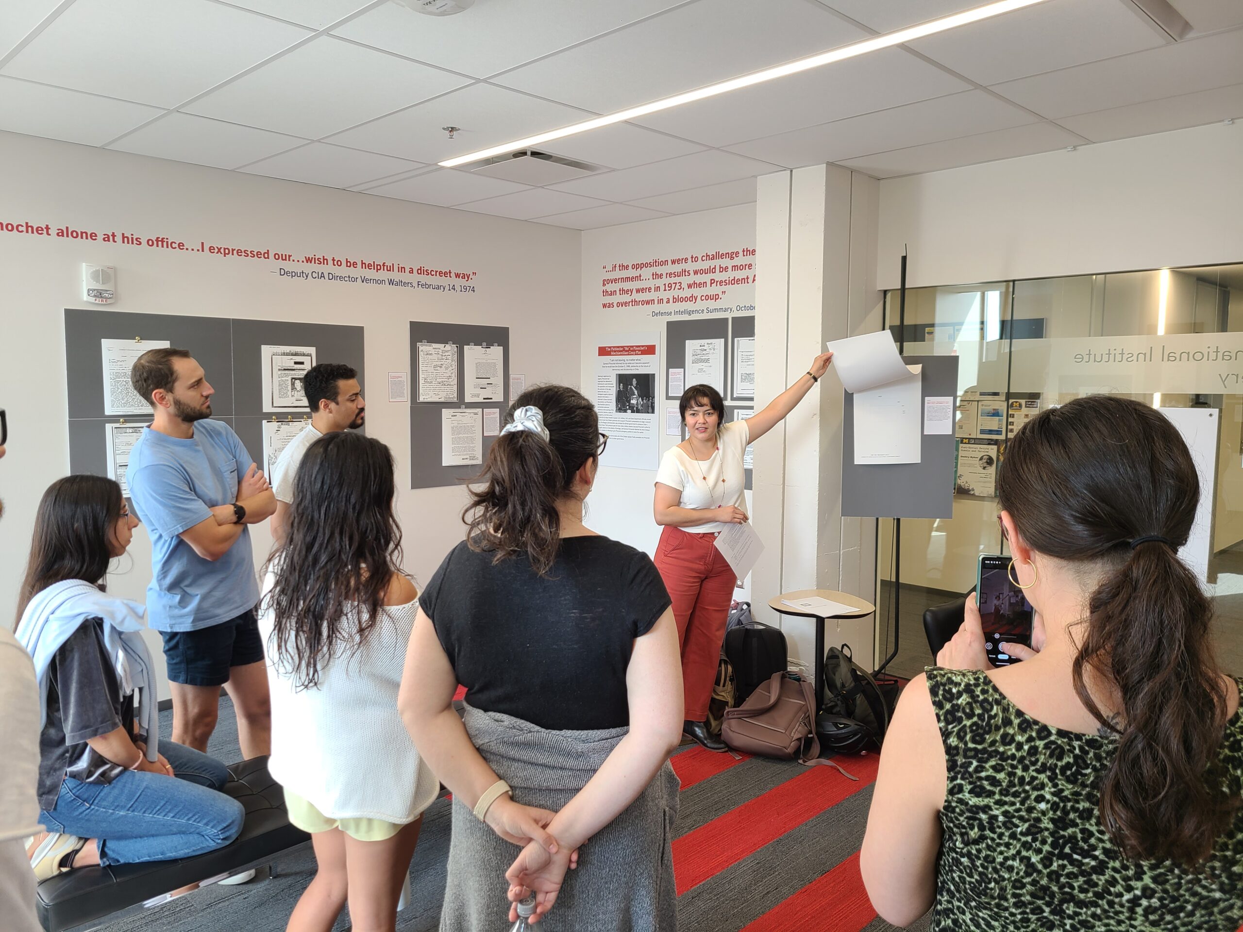 Eimeel Castillo's (MSP18) tour of “Secrets of State: The Declassified History of the Chilean Dictatorship” exhibit on September 20, 2023, in Weiser Hall's II Gallery. Eimeel , a PhD Candidate in History and Women's and Gender Studies, co-designed the exhibit.